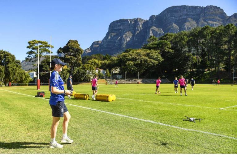 Leinster assistant analyst Juliette Fortune uses a drone to film training