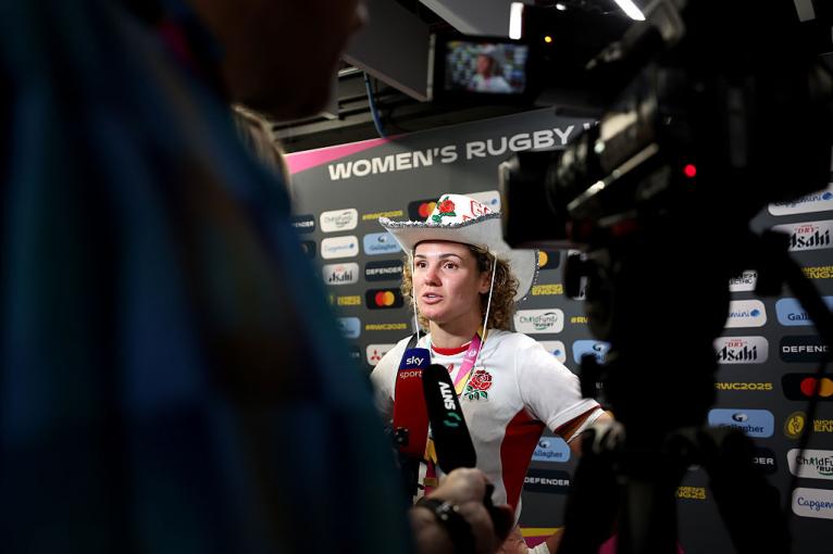 Ellie Kildunne of England speaks to the media