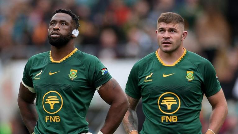 South Africa's Siya Kolisi (L) and Malcolm Marx watch a TMO during the <a href=