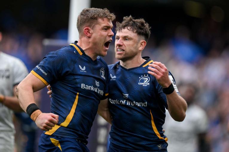 Garry Ringrose celebrates with Hugo Keenan