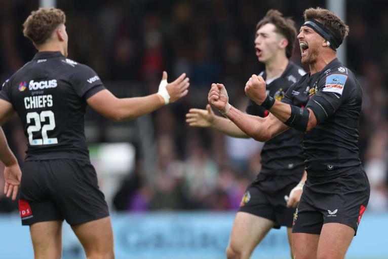 Henry Slade celebrates