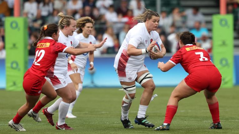 Sarah Beckett of England is tackled during the Women's International match between England Red Roses and Canada 
