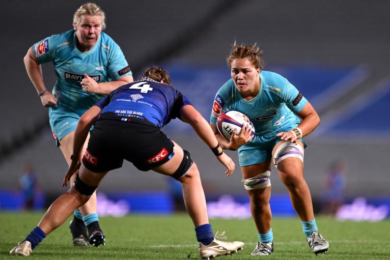 Kaipo Olsen-Baker of Matatu charges forward during the Super Rugby Aupiki Final match between Blues and Matatu