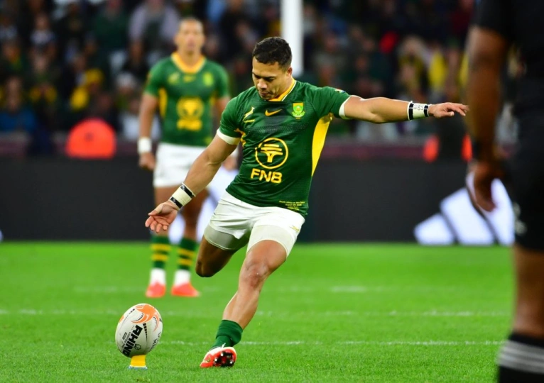 Cheslin Kolbe of South Africa kicks a penalty