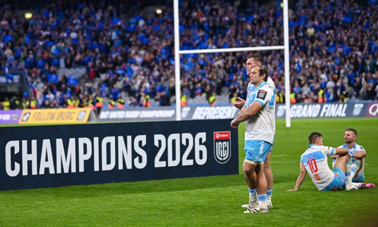 Bulls players look on dejected after their 2026 URC final loss to Leinster