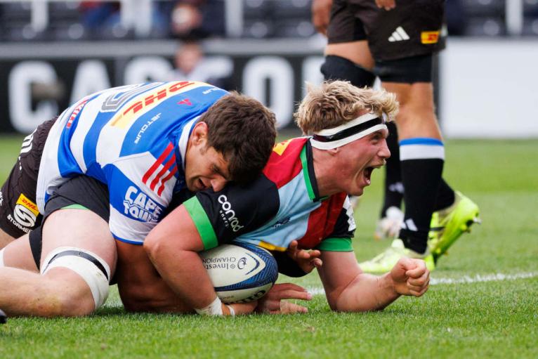 Jack Kenningham celebrates scoring a try for Quins against Stormers