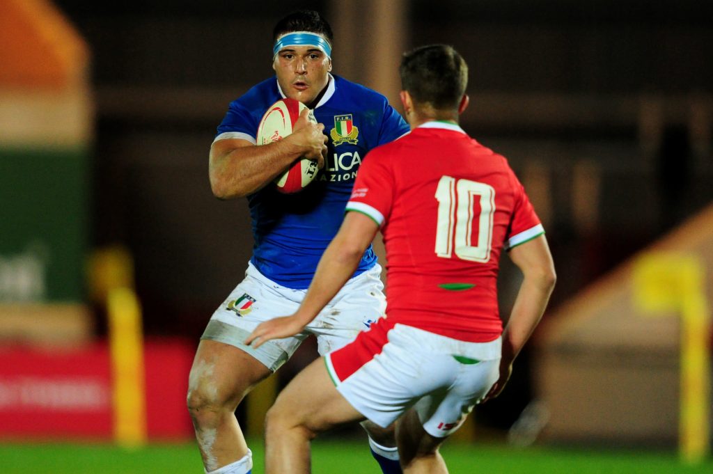 Danilo Fischetti carries ball for Italy against Wales.